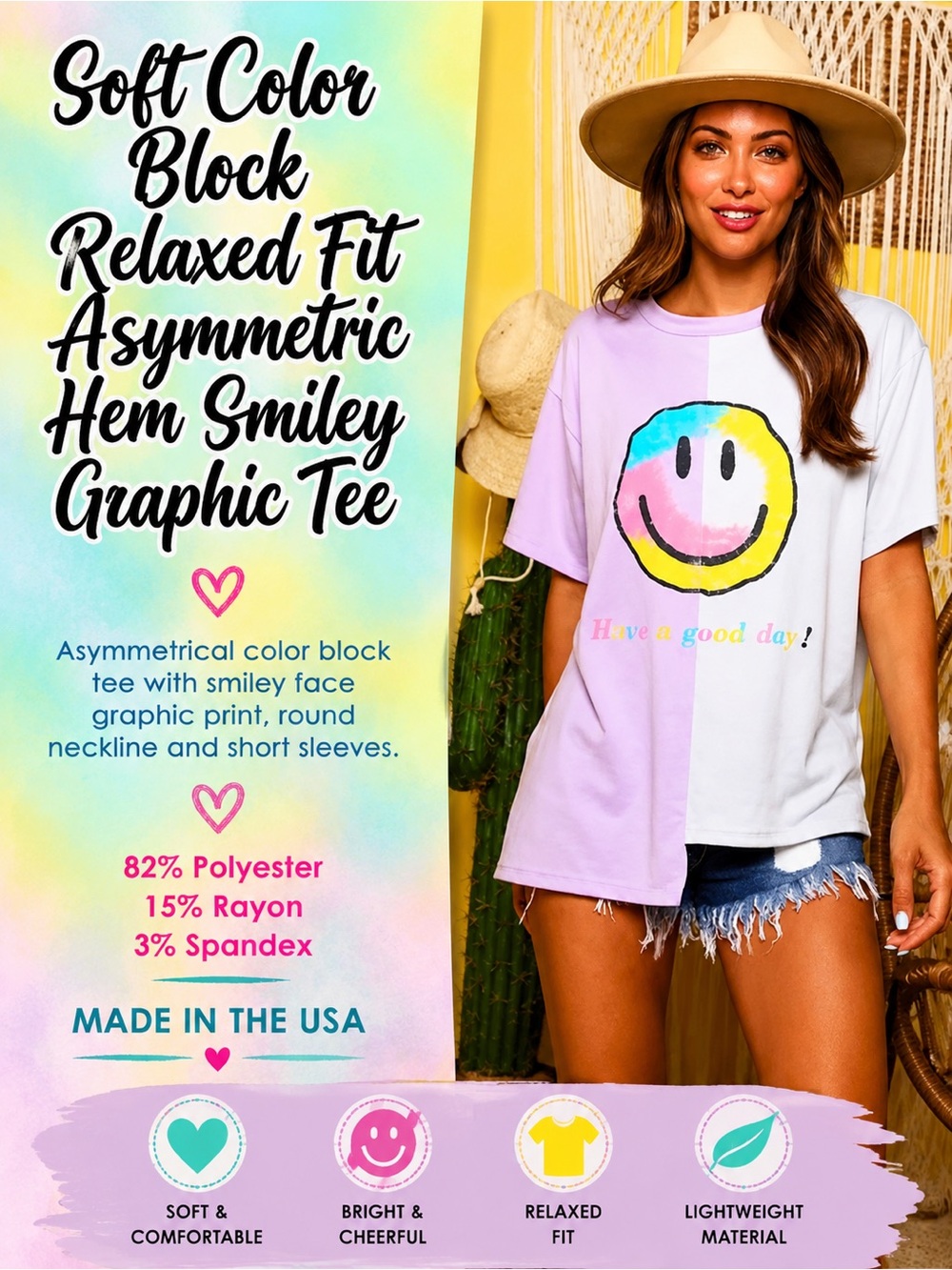 Soft Color Block Relaxed Fit Asymmetric Hem Smiley Graphic Tee NEW
